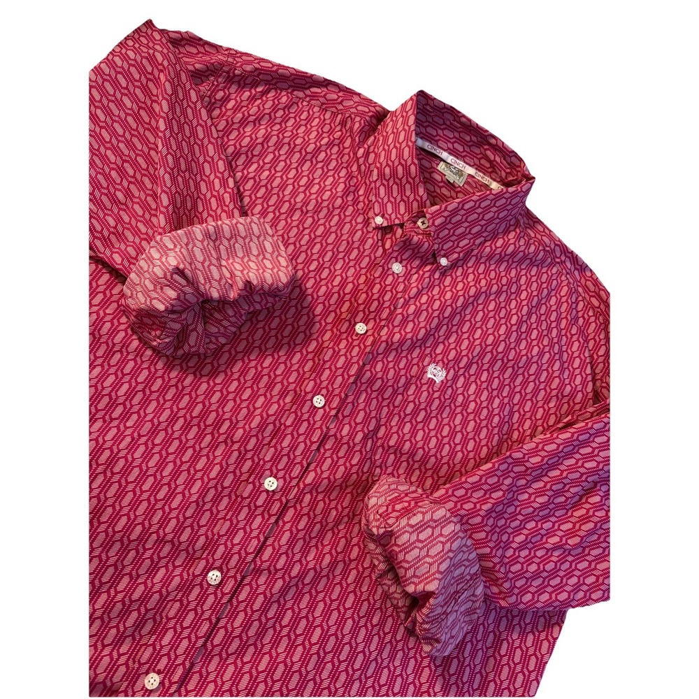 Cinch Men's Classic Fit Button Shirt‎ Long Sleeve Pink White Geometric Print